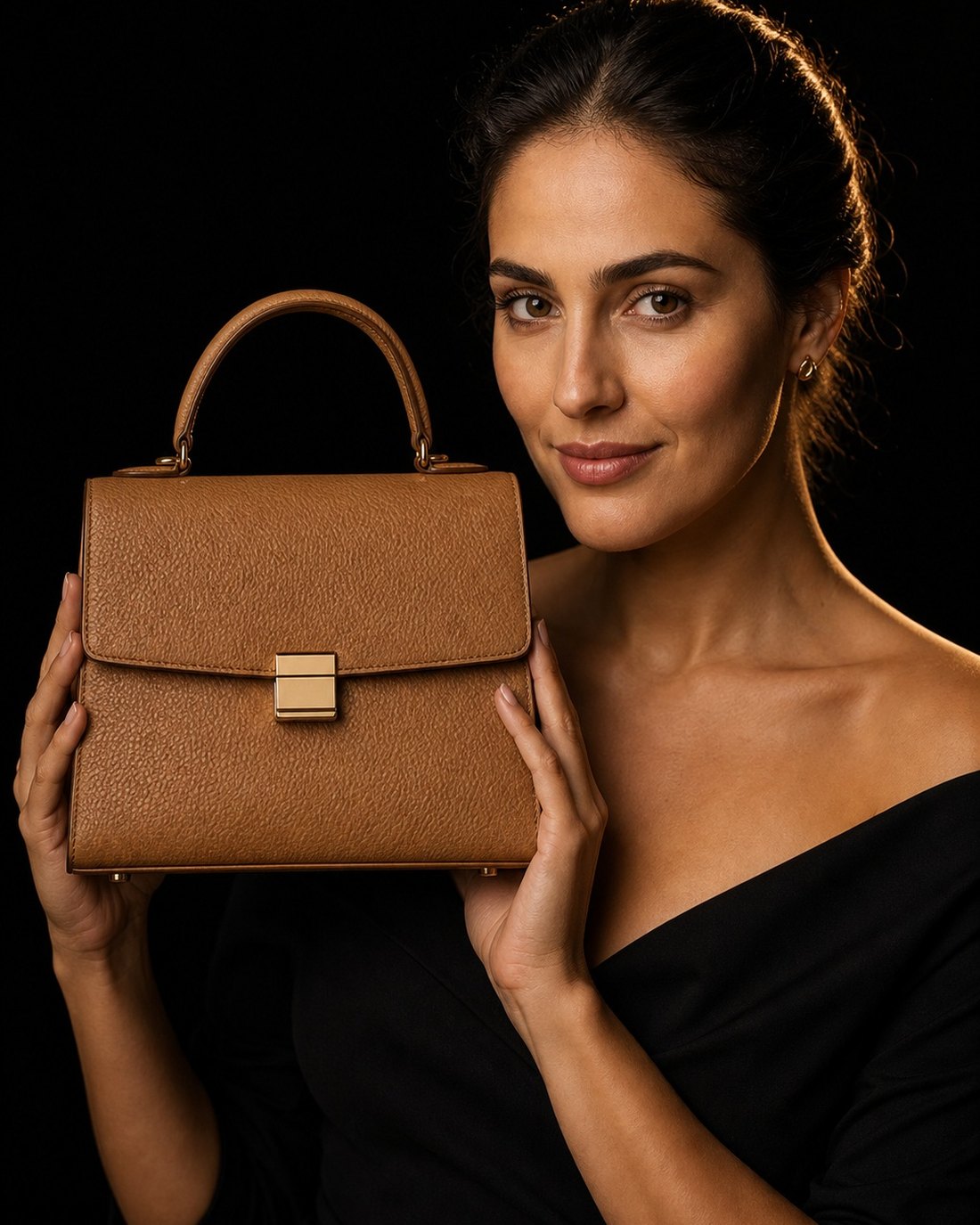 A model presenting a camel grained-leather handbag, lit in darkness