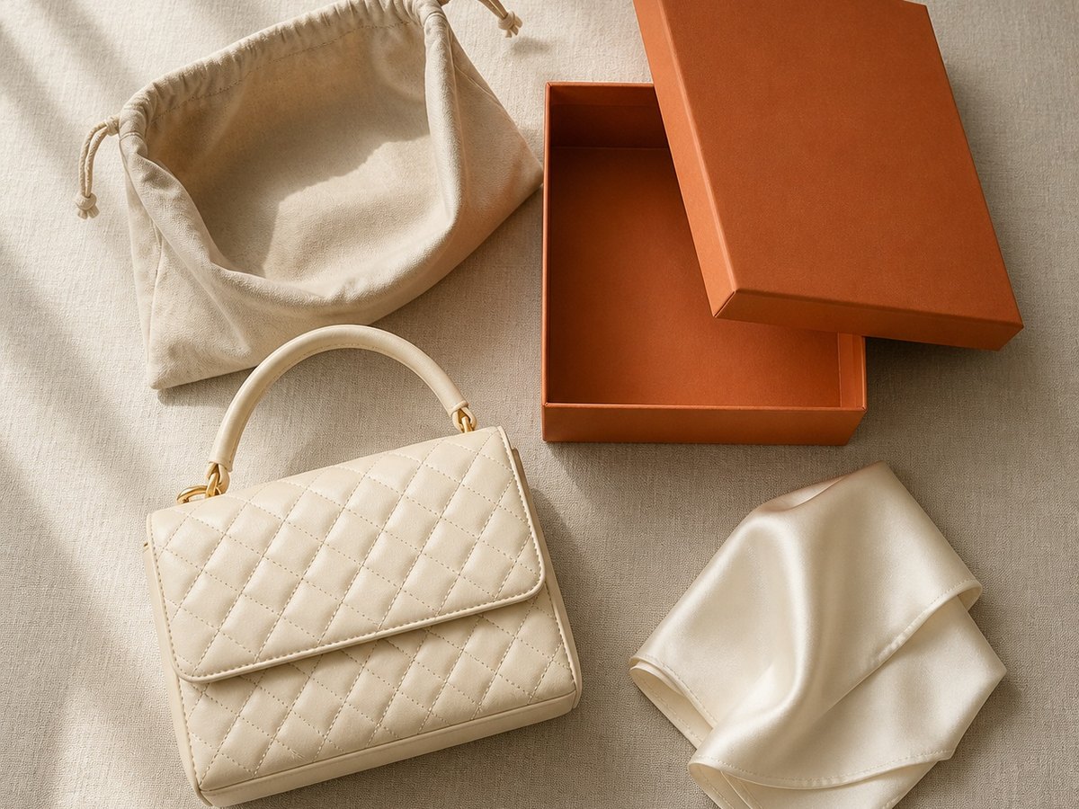 A handbag laid out with its dust bag, box and scarf