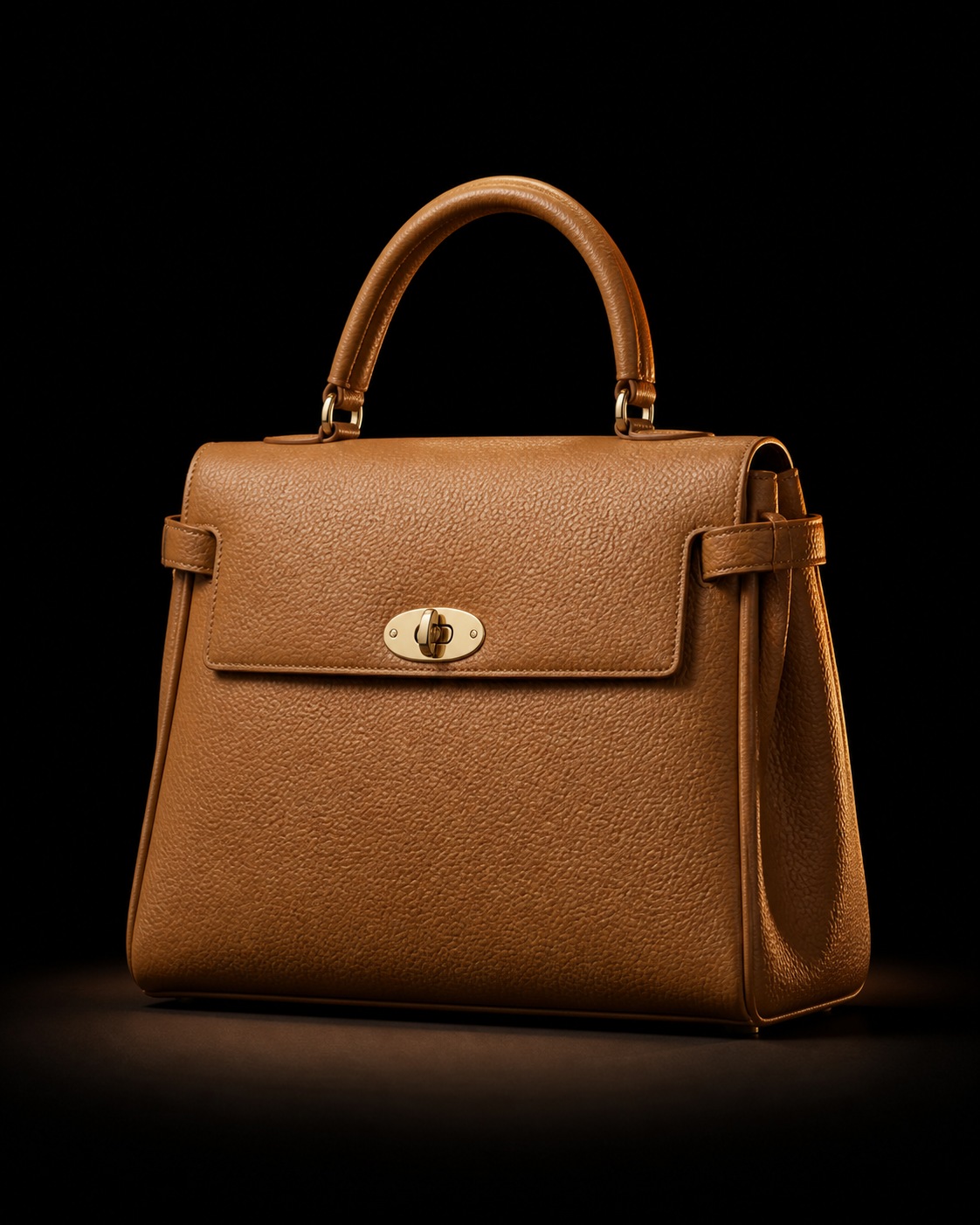 A camel grained-leather top handle bag lit in darkness