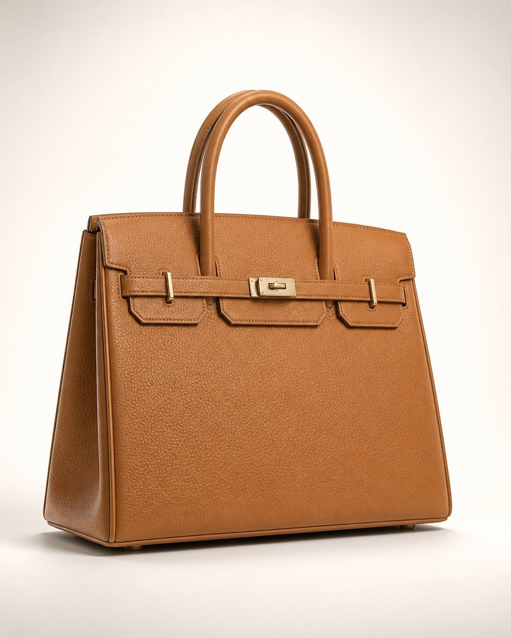 A camel grained-leather top handle bag under gallery lighting