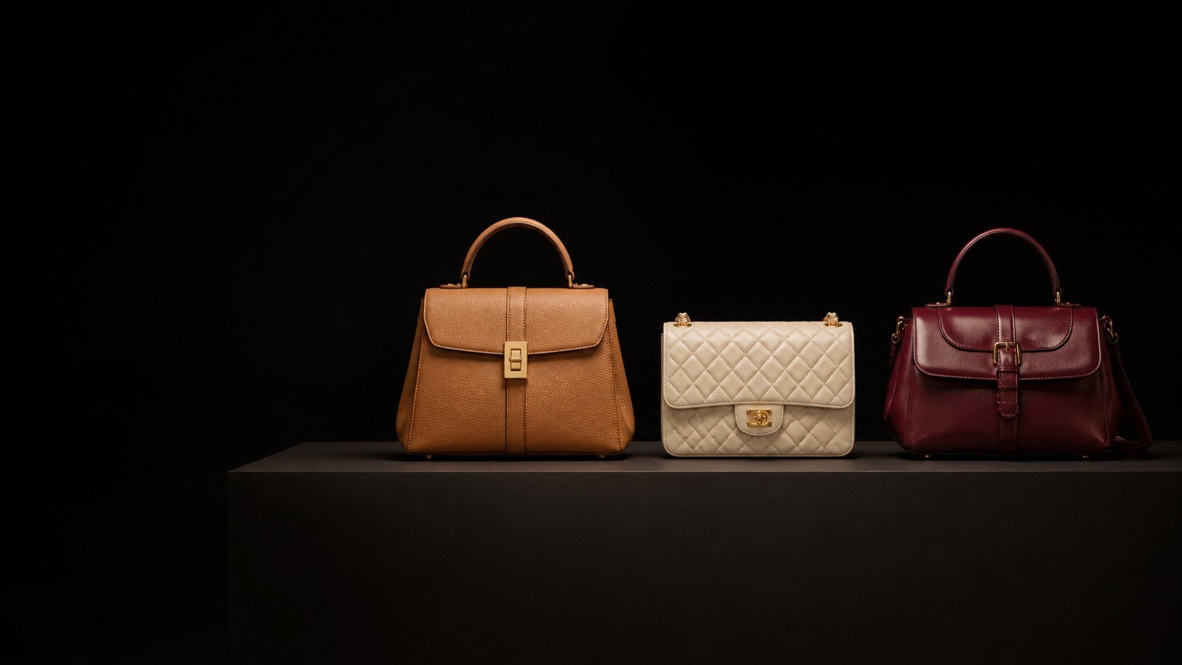 Three handbags on a dark display plinth